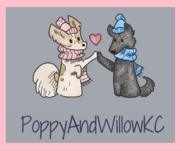 PoppuAndWillowKC - Curating Kits For Curious Kids - Two Dogs holding hands with text underneath image.